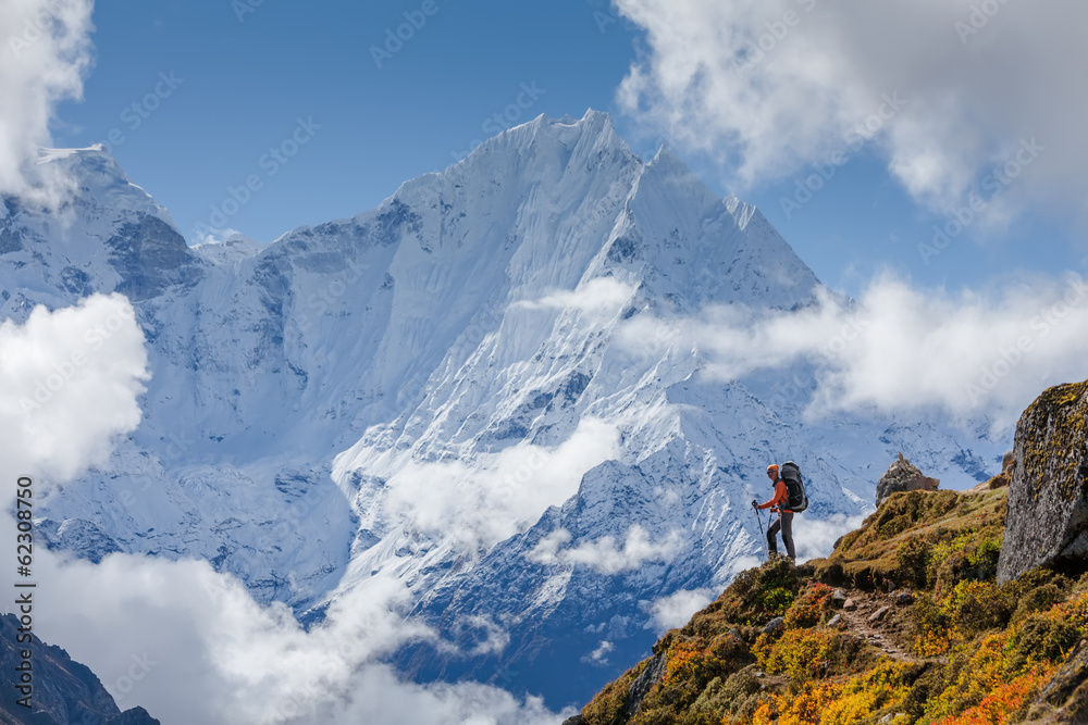 Hiker walks on train in Himalayas - obrazy, fototapety, plakaty 