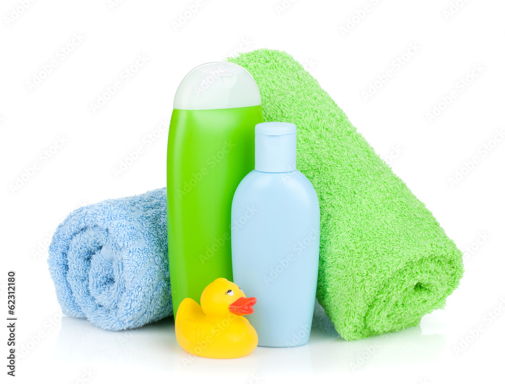 Bath bottles, towel and rubber duck Bath bottles, towel and rubber duck