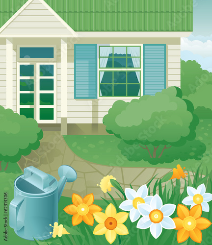 Vector background of garden,  flowers and house at retro style