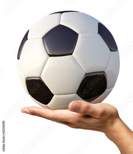 Man s hand holding a soccer ball on palm.