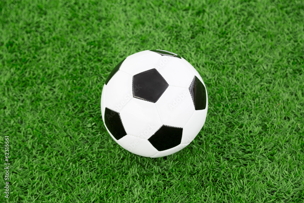 Traditional soccer ball on soccer field