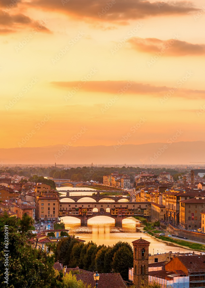 Golden sunset over the river Arno, Florence, Italy