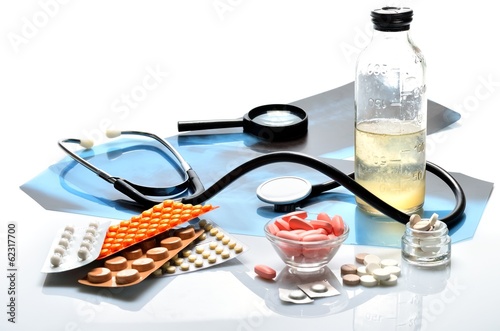Still life of medical items used by doctors to treat