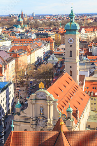 Munich Panorama with old city hall, Holy Spirit Church and Viktu