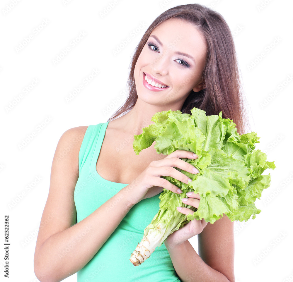Beautiful girl with fresh salad isolated on white Beautiful girl with fresh salad isolated on white