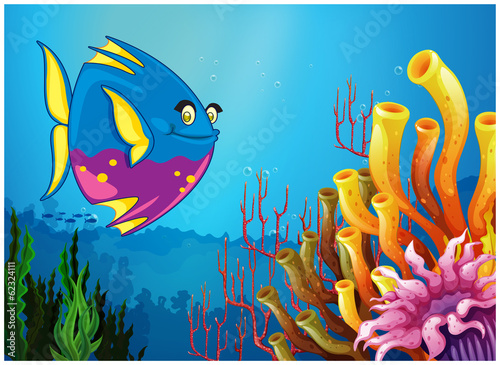 An underwater view with a big fish and beautiful coral reefs