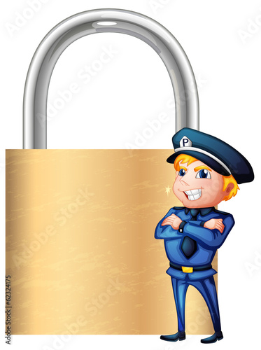 A smiling cop beside the giant padlock