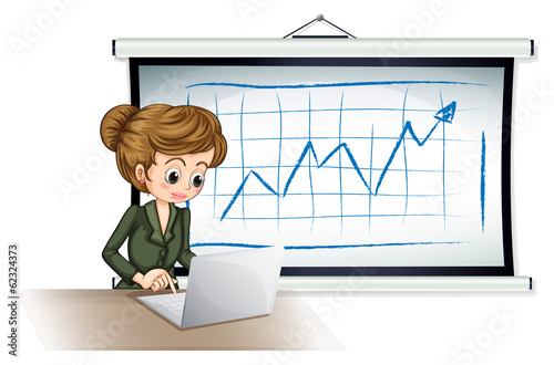 A businesswoman using the laptop in front of the board