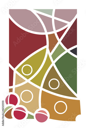 Stylised illustration of a wedge of cheese and grapes