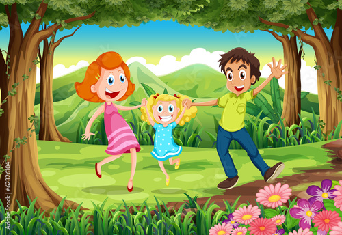 A forest with a happy family