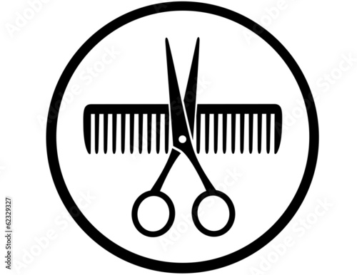 round sign with scissors and comb