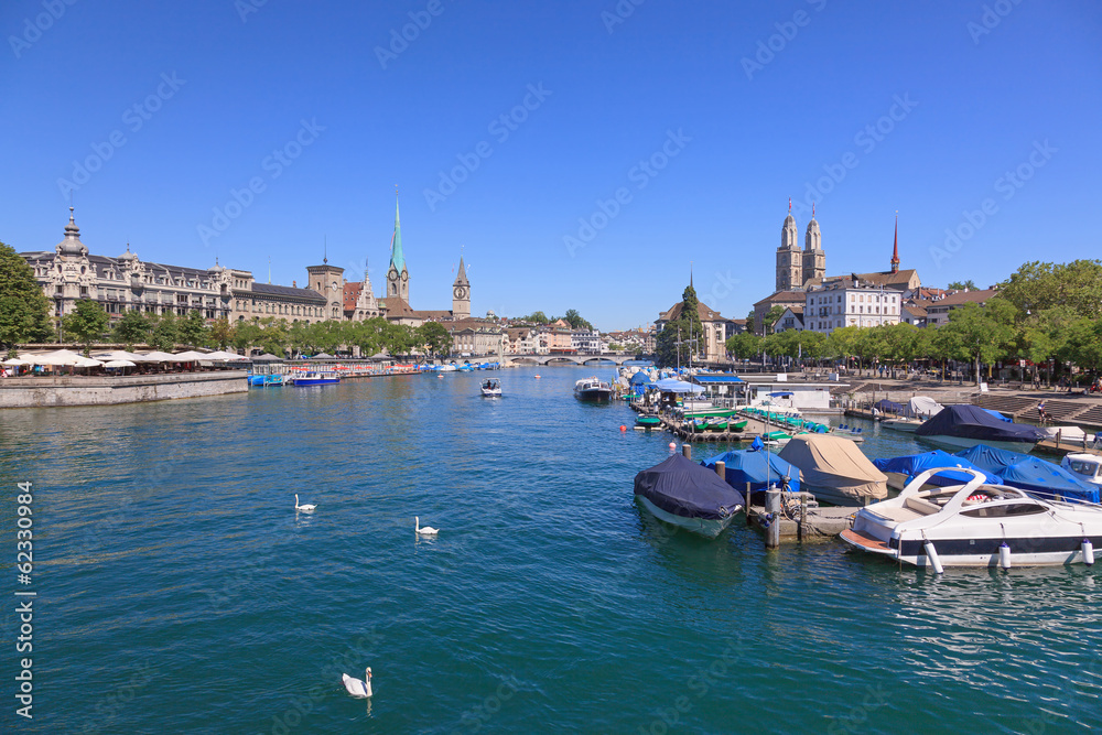 Zurich cityscape, view along the Limmat river
