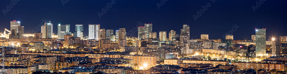 Aerial view of financial district in Barcelona at night