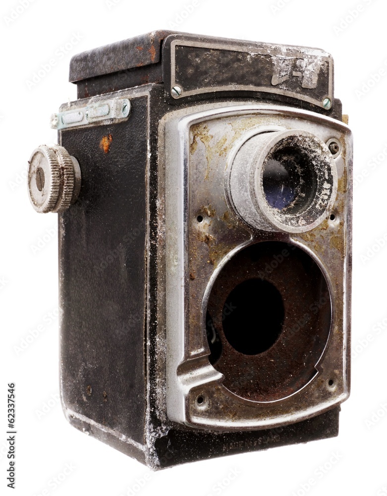 old, damaged camera on white background - obrazy, fototapety, plakaty 