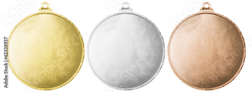 Gold, silver and bronze blank medals set isolated with clipping