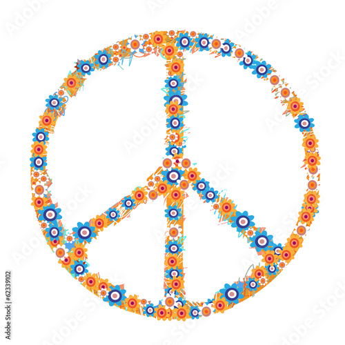 Peace symbol made from flowers on white background.