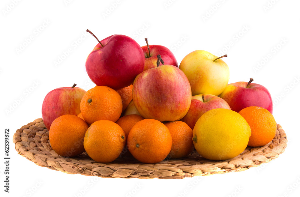 Fresh apples, tangerines and lemons on a straw mat. Fresh apples, tangerines and lemons on a straw mat.