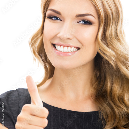 Woman with thumbs up gesture, over white