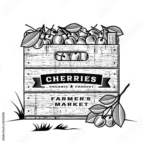 Retro crate of cherries black and white