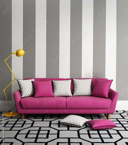 Fresh style, romantic interior living room with pink sofa photo