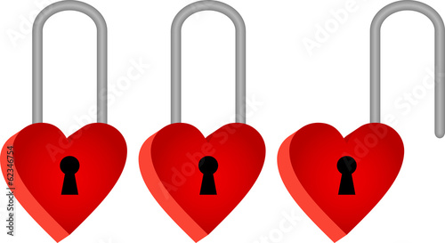 Three padlocks in shape of red hearts