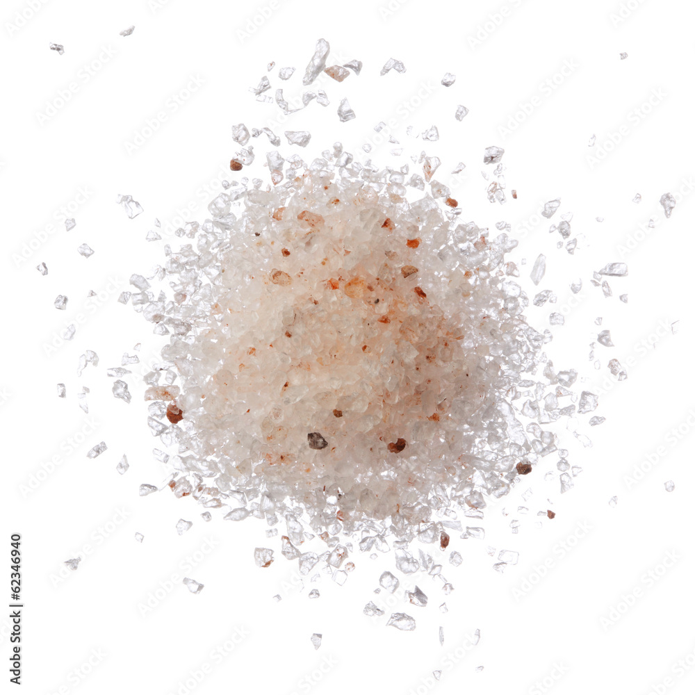 Himalayan pink salt pile isolated on white top view