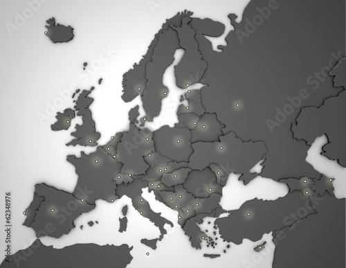 3D Europakarte mit Hauptst  dten in grau
