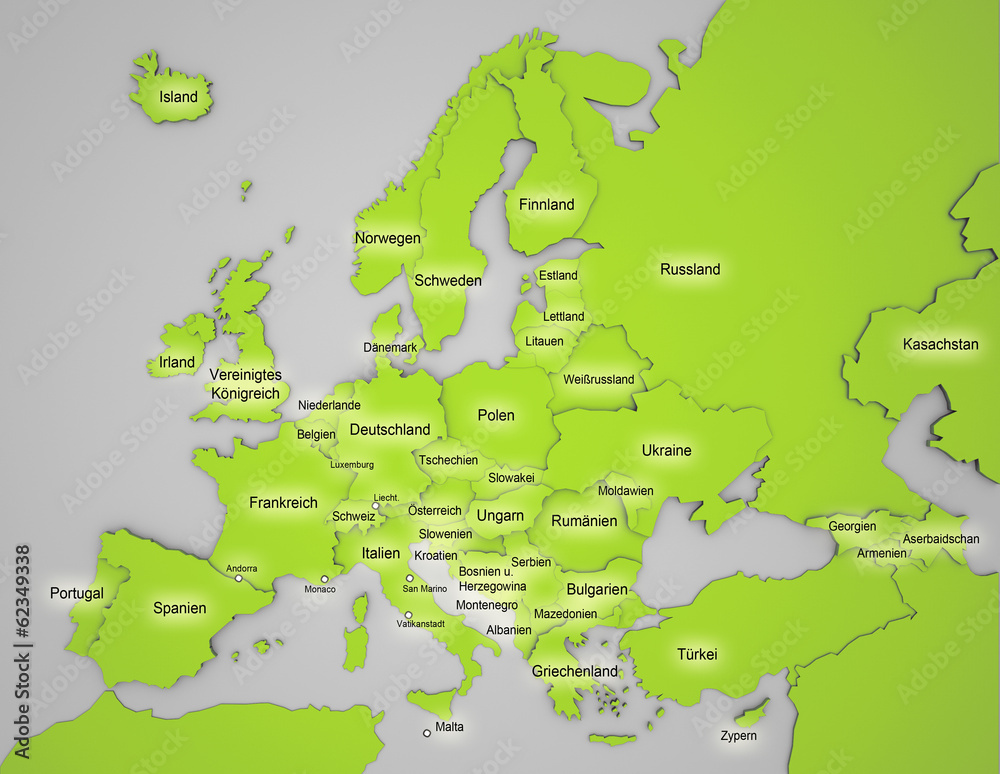 3D Europakarte mit Ländernamen auf deutsch in grün