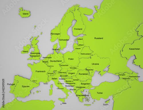 3D Europakarte mit L  ndernamen auf deutsch in gr  n