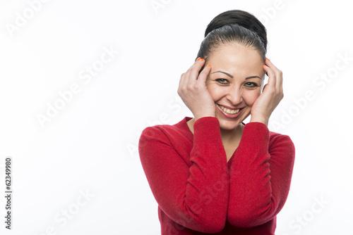 Beautiful female model wearing red jumper photo