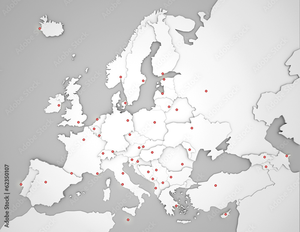 3D Europakarte mit Hauptstädten in weiß - obrazy, fototapety, plakaty 