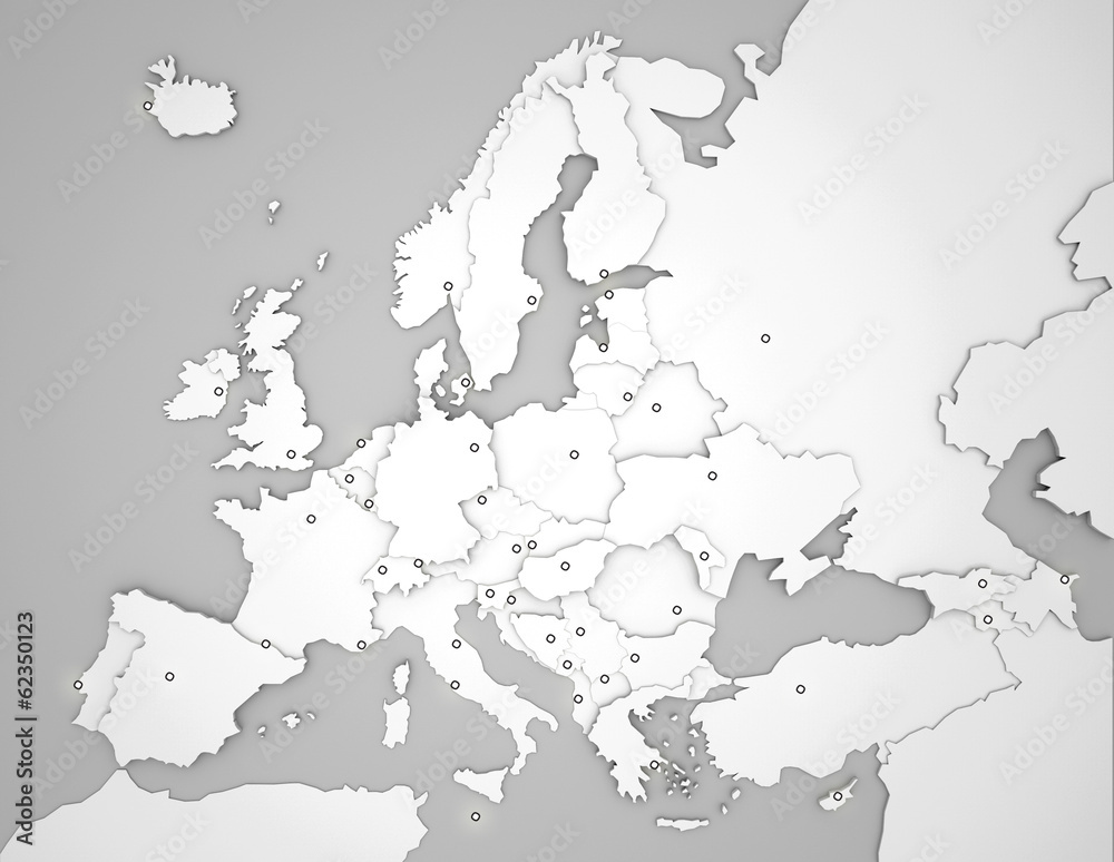 3D Europakarte mit Hauptstädten in weiß 3D Europakarte mit Hauptstädten in weiß