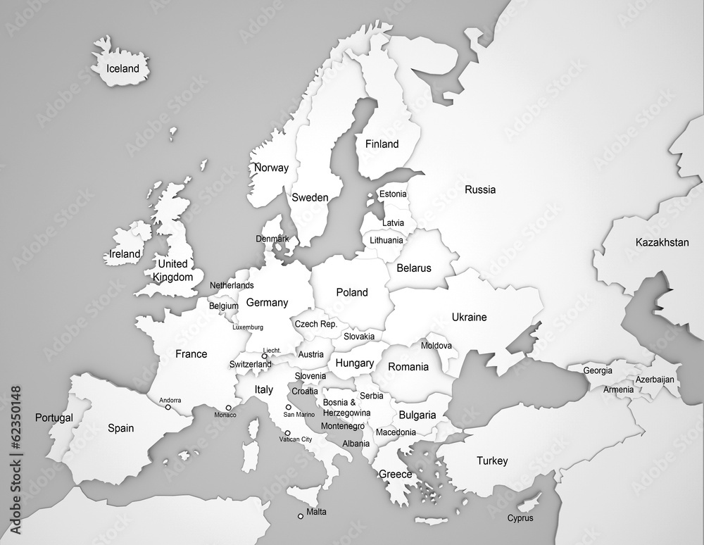 Obraz mapa 3D Europy z nazwami krajów w języku angielskim #62350148