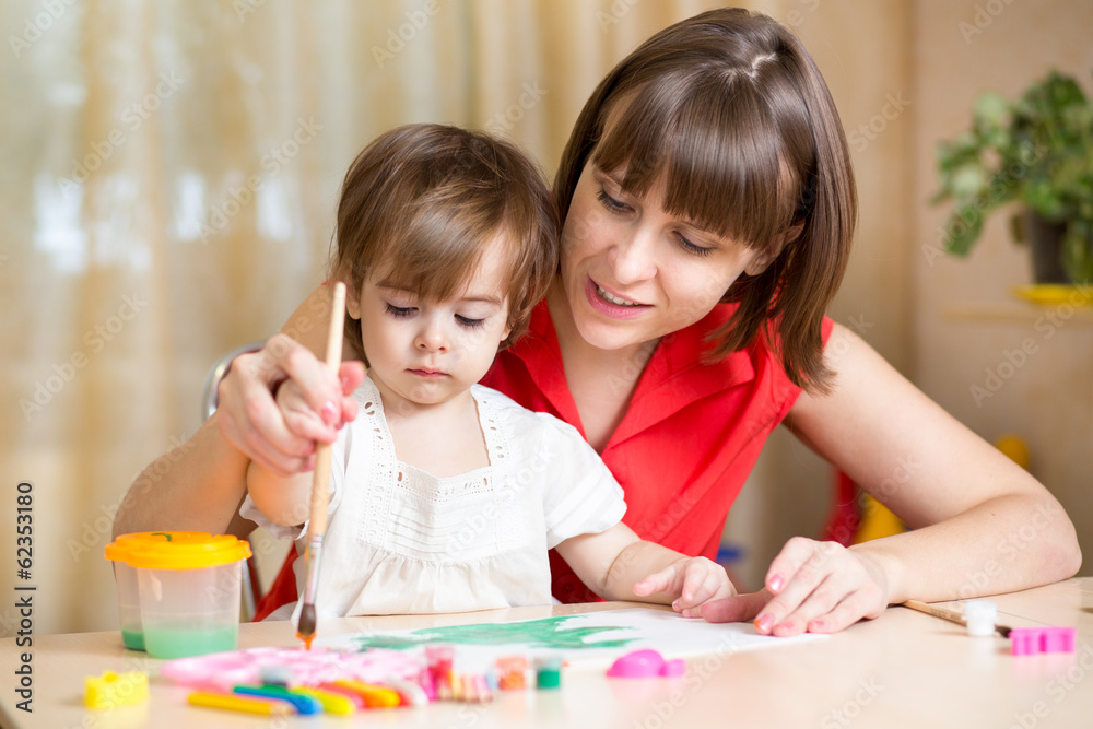 mom and kid girl paint together at home mom and kid girl paint together at home