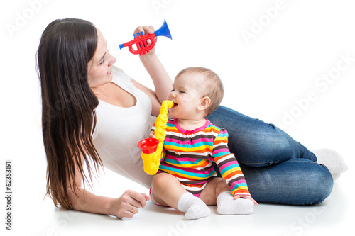 baby and mom play musical toys