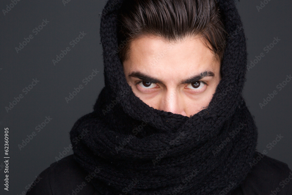 Male fashion model scarf covered face