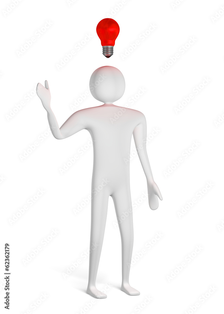 3d man thinking and yellow light bulb above 3d man thinking and yellow light bulb above