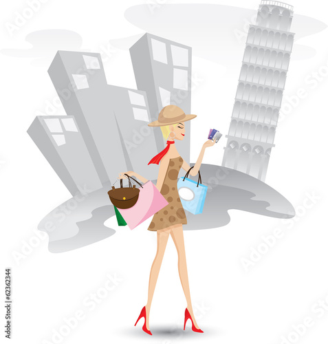 girl is shopping with credit cards in Italy