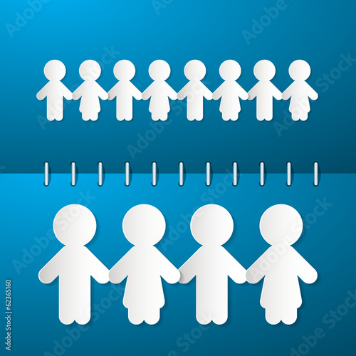 Paper People Holding Hands on Blue Notebook Background