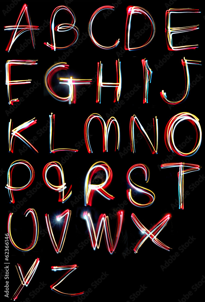 alphabet light neon writing long exposure - obrazy, fototapety, plakaty 