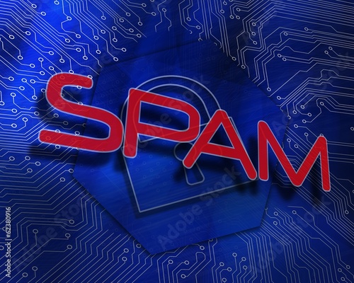 Spam against lock graphic on blue background photo