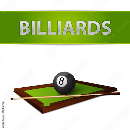 Billiards ball with stick on green table emblem