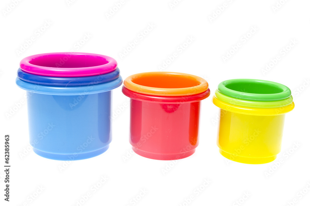 Childs Toy Stacking Cups Isolated on White Background Childs Toy Stacking Cups Isolated on White Background