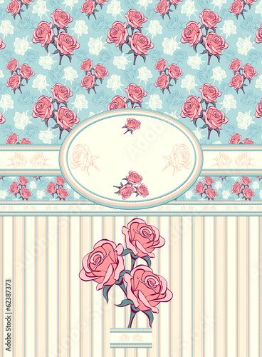 Retro floral frame with seamless pattern on blue background
