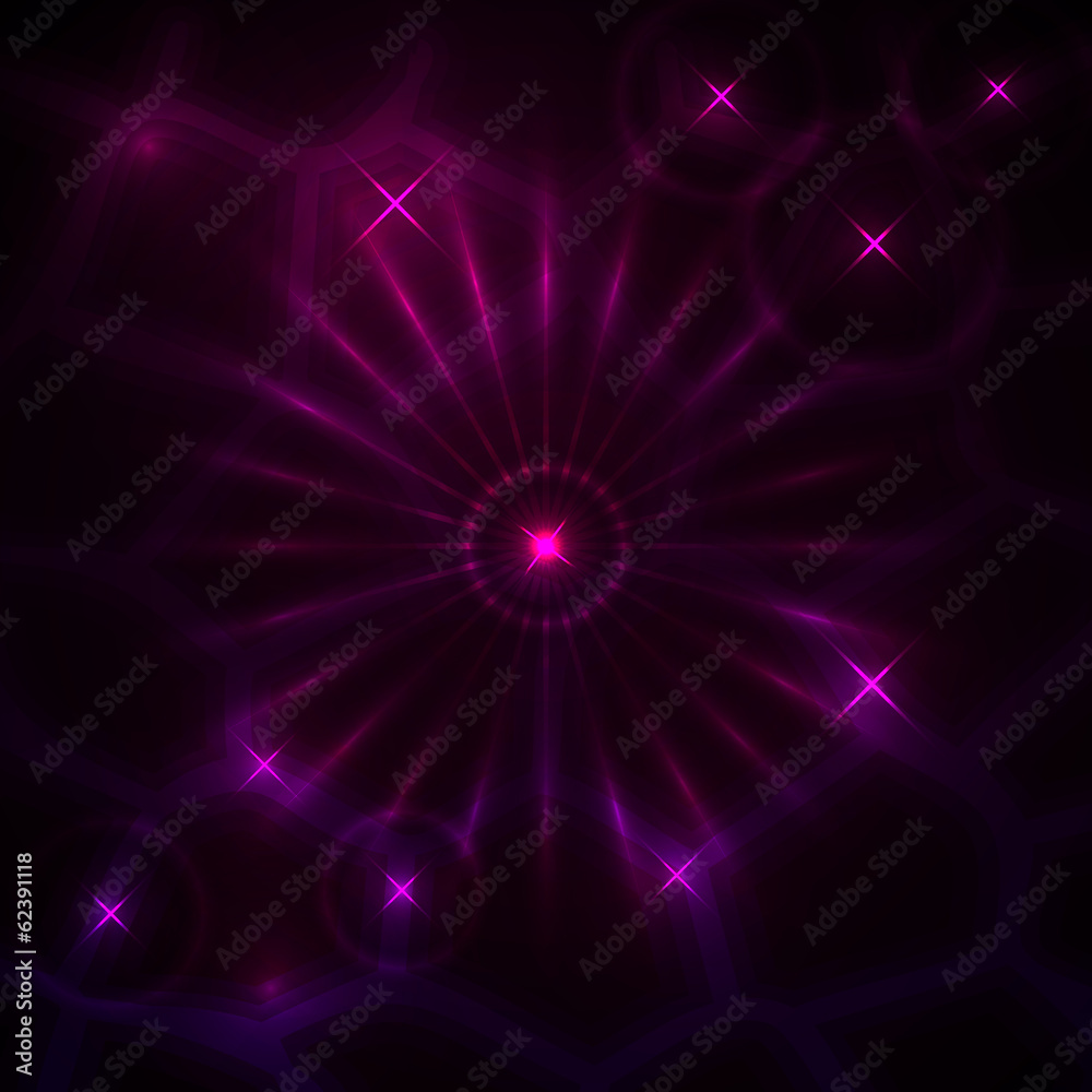 Vector abstract dark background with glowing rays and stars