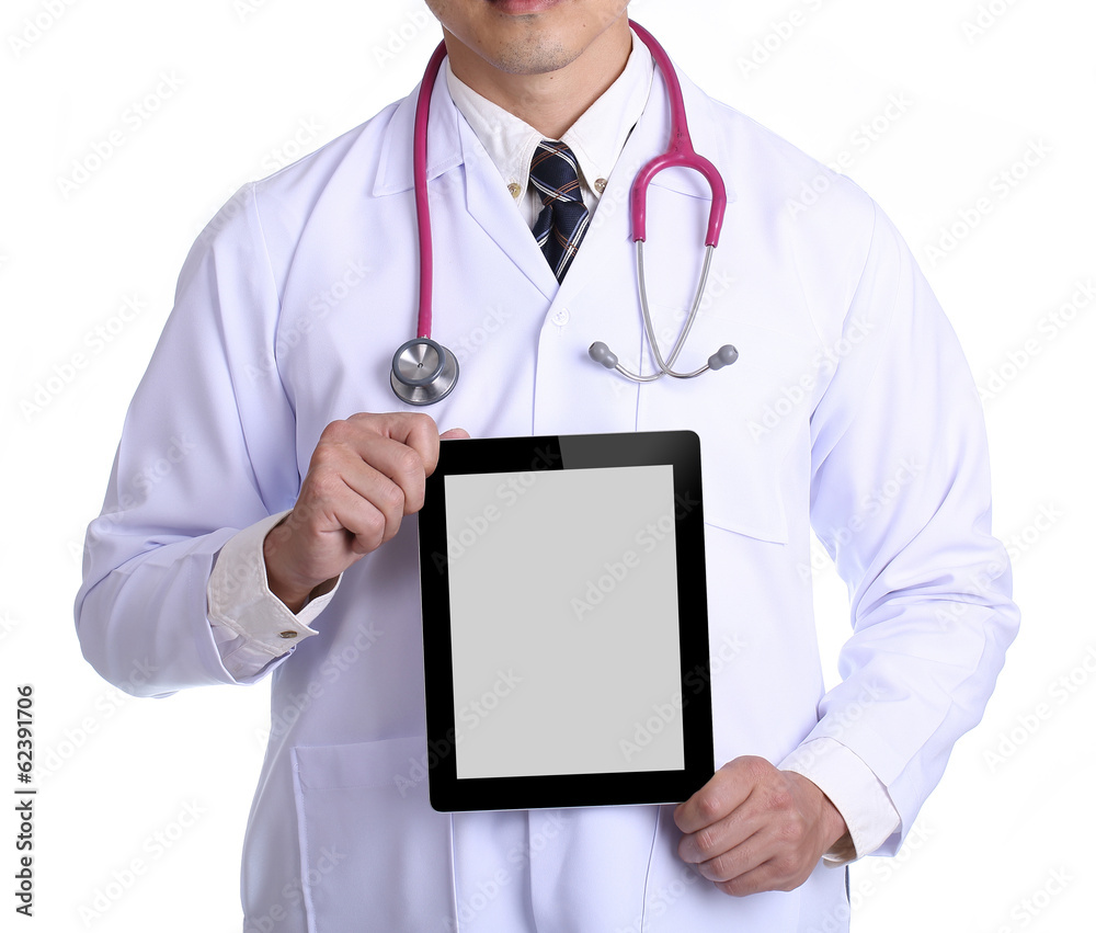 Doctor holding touch pad for check patient Doctor holding touch pad for check patient