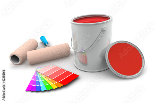 Tin of Red Paint and Roller Brush