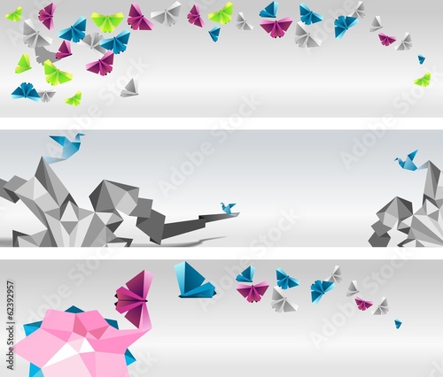 Origami  abstract banners. Paper butterflies and birds.