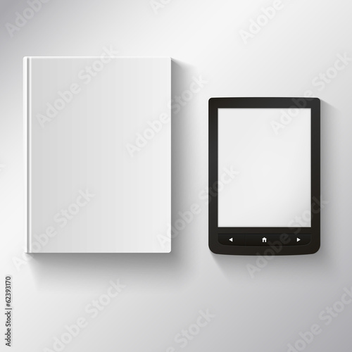 e-book and old book on a white background