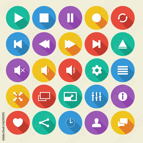 Media player flat vector icons with long shadow.